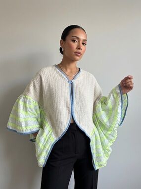 Upcycled Kimono Jacket with Neon Yellow Graphic Ruffle Sleeves